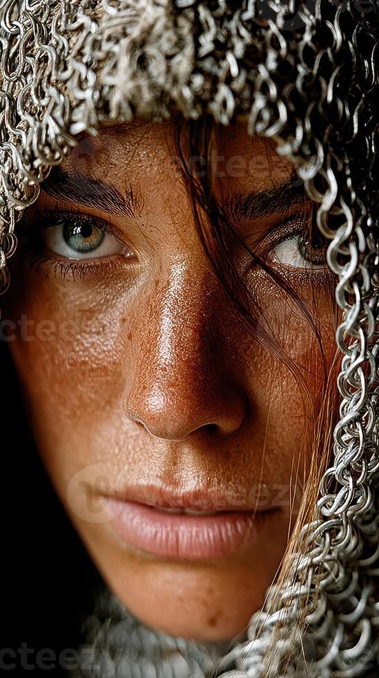 Strong expression of a woman in chainmail hood captures a moment of intensity and resilience in a rustic environment photo