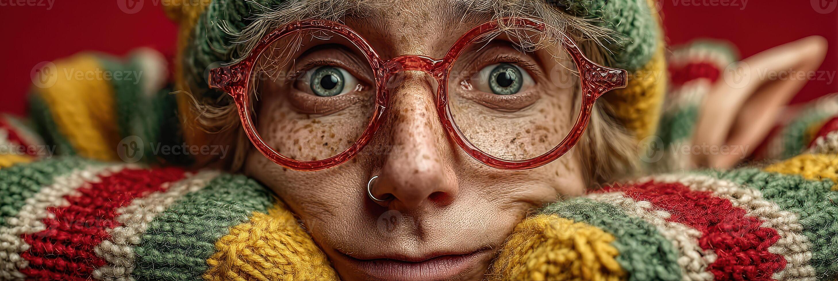Unique portrayal of a person with colorful sweater and glasses expressing curiosity in a cozy indoor setting during winter photo