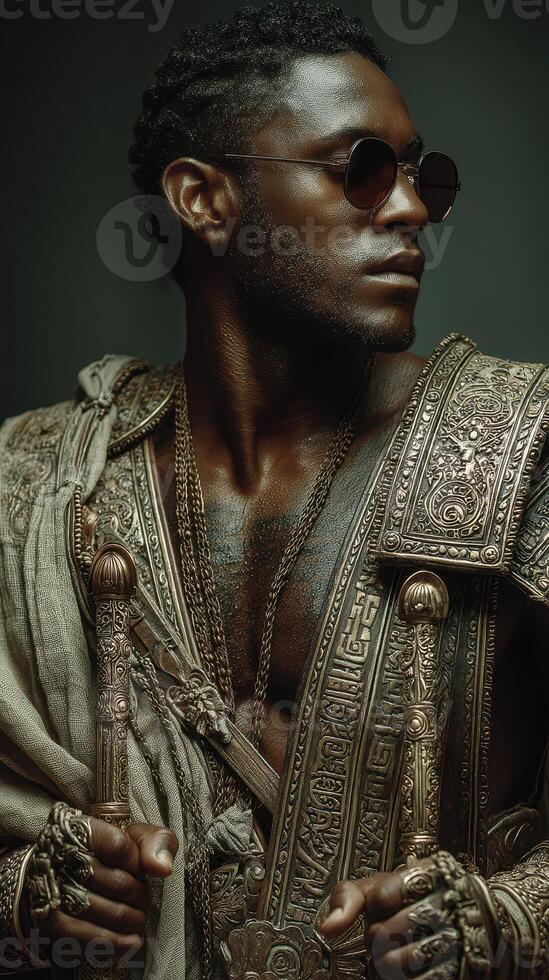 Dramatic portrait of a man in ornate costume with sunglasses showcasing intricate details and powerful pose photo