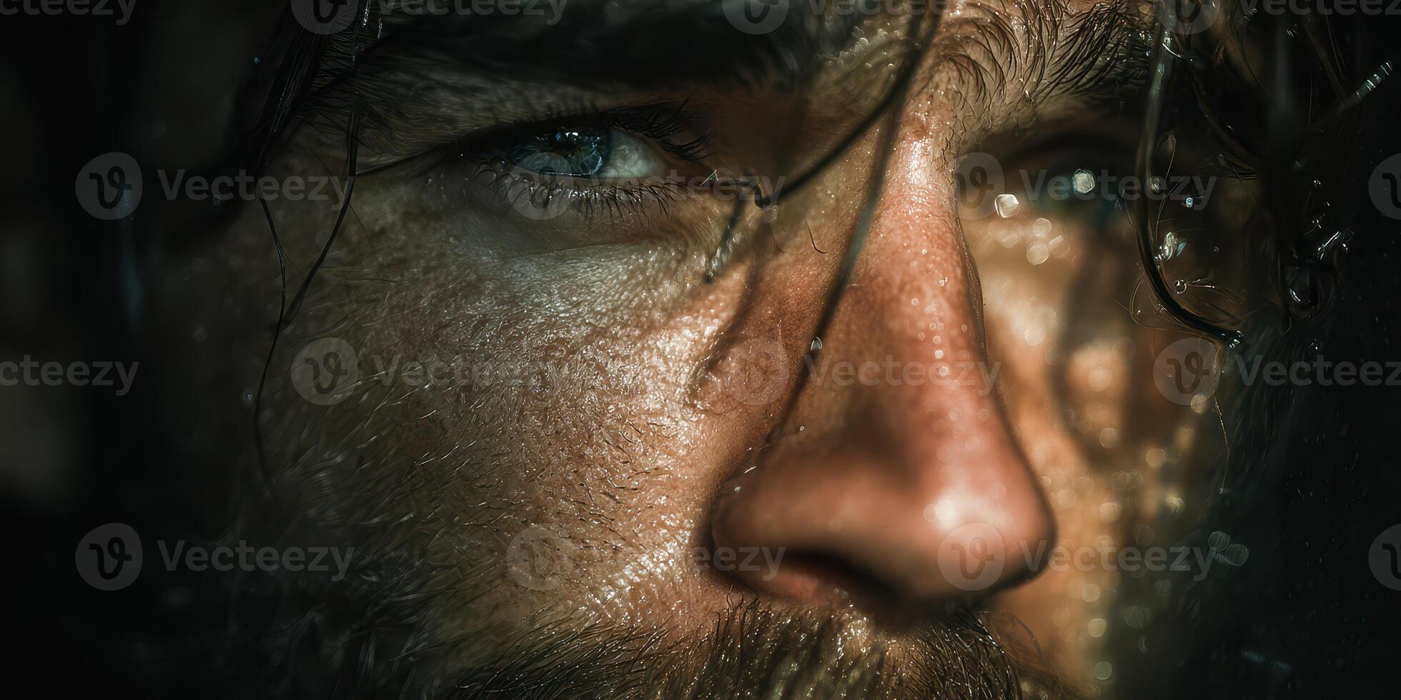 Close-up of a man with intense gaze, water droplets on skin, in dramatic lighting during evening hours photo
