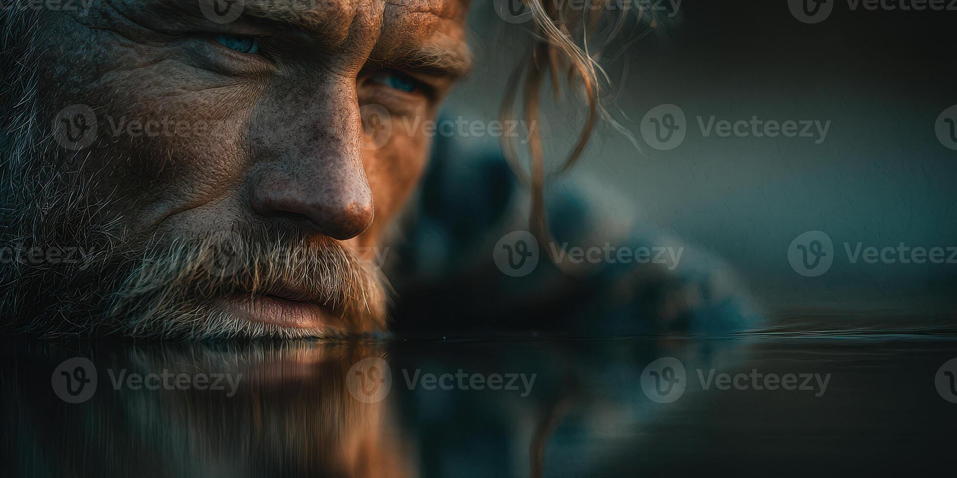 Man gazing intently at water surface during golden hour in natural setting with a thoughtful expression photo