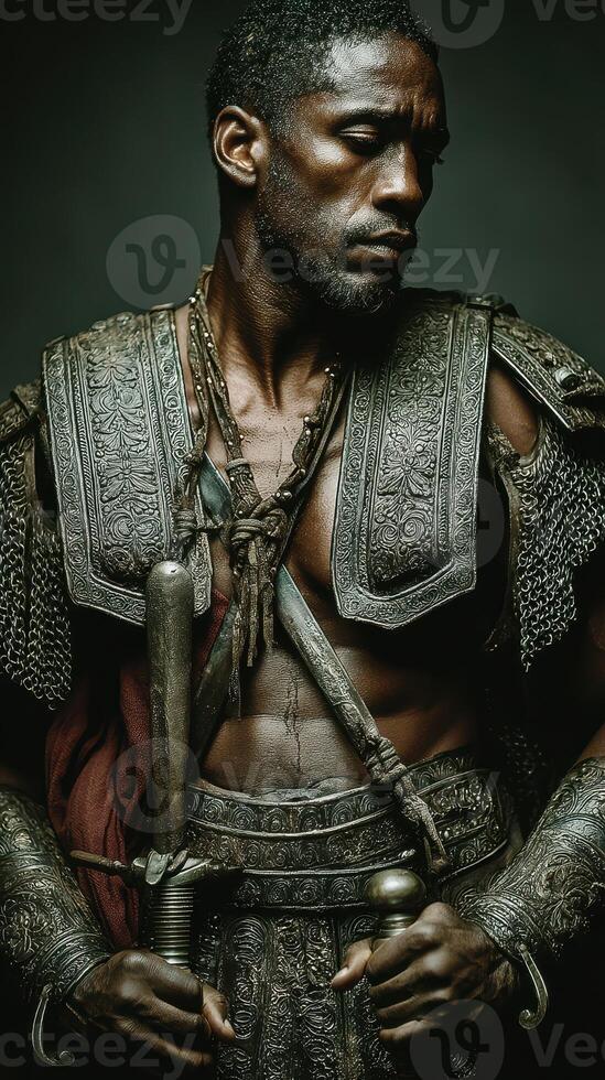 Ancient warrior in ornate armor poses with sword against dark backdrop photo