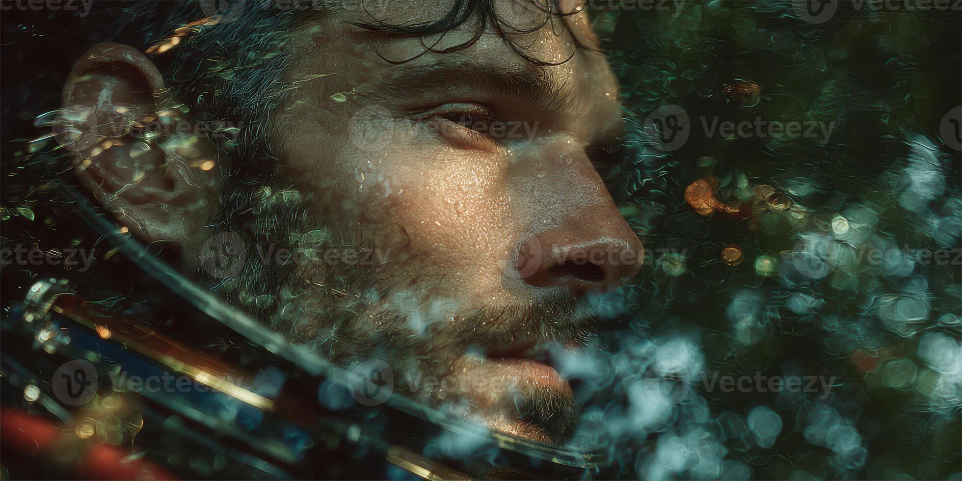 Diver explores underwater depths with mesmerizing reflections and bubbles creating a captivating atmosphere photo