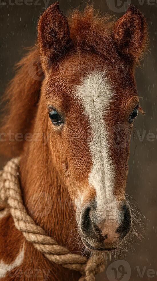 Cute brown foal with white markings posing for a portrait against a blurred background in a stable photo