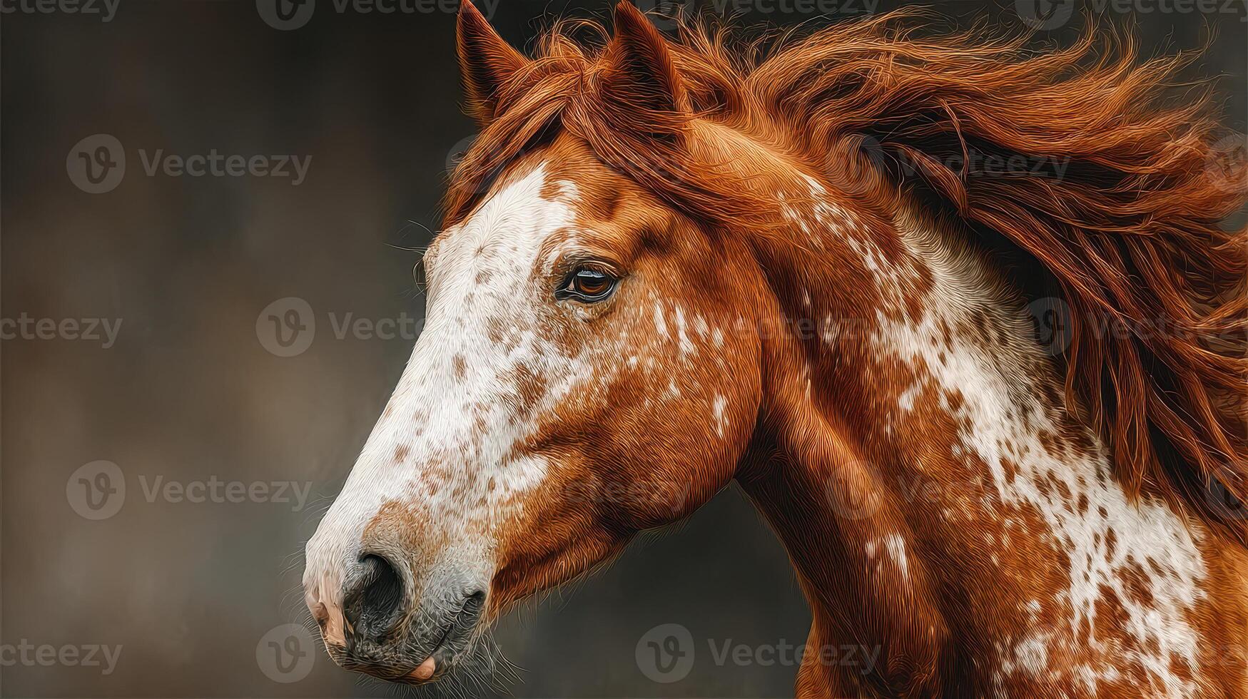 Majestic chestnut horse with flowing mane in a natural setting during a serene morning light photo