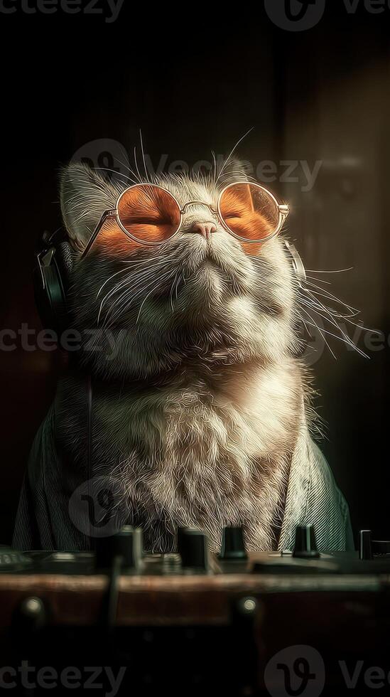 Cool cat wearing sunglasses and headphones while mixing music in a relaxed studio atmosphere photo