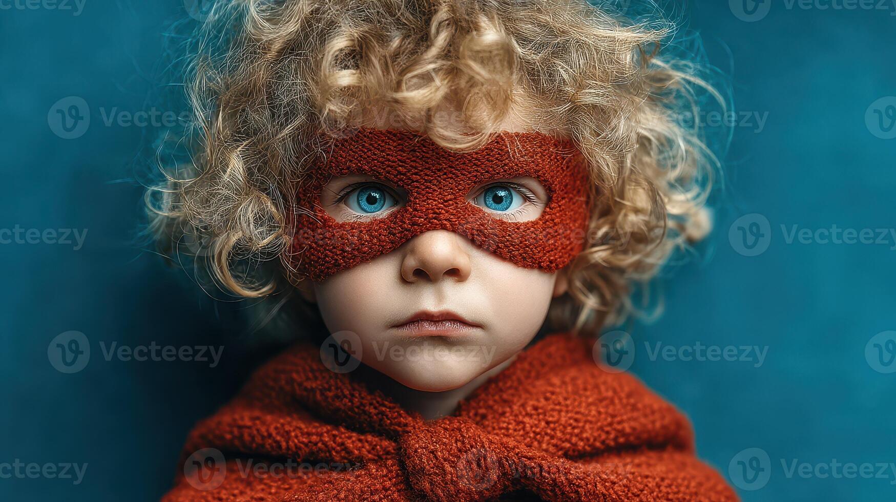 Young child dressed as a superhero with curly hair and a red mask in a studio setting photo