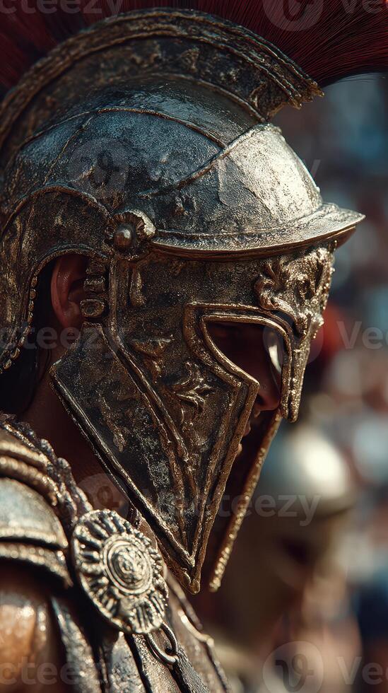 Ancient warrior stands proud in shining helmet during historical reenactment at outdoor venue under sunlight photo