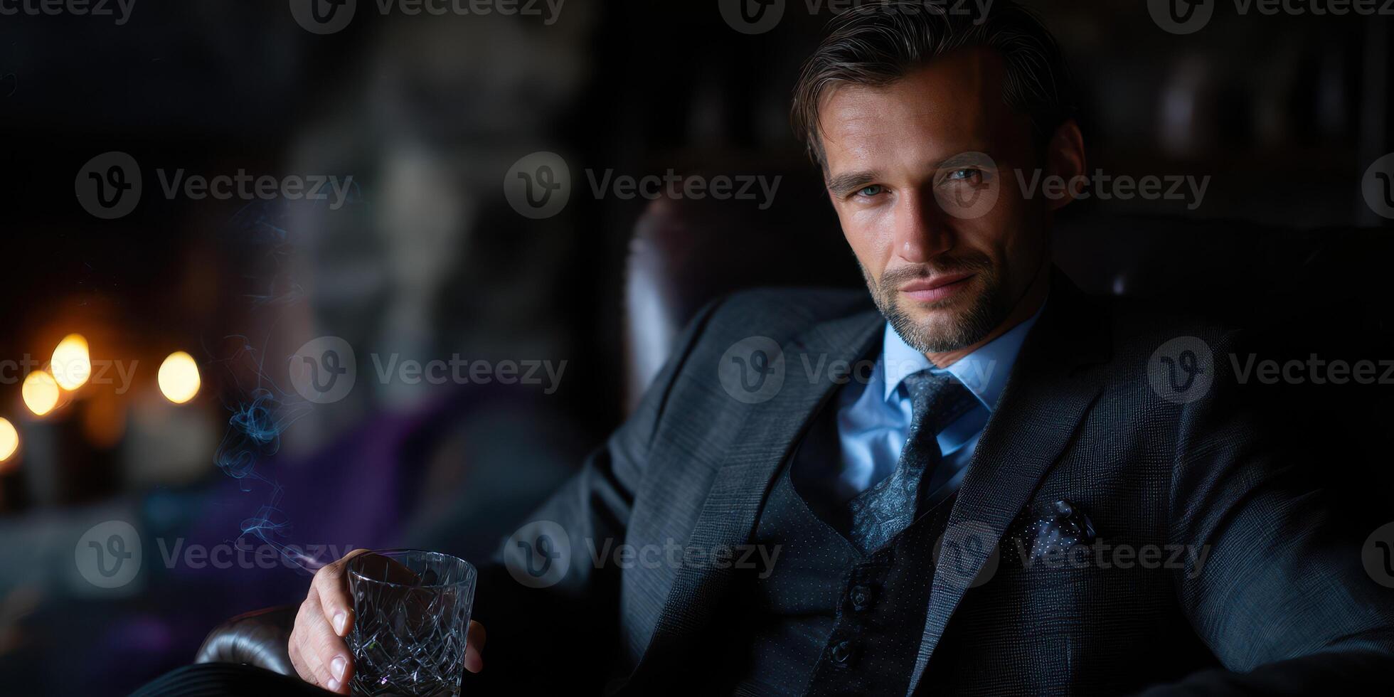 Sophisticated man enjoying a drink by a cozy fireplace in an elegant lounge setting during evening hours photo