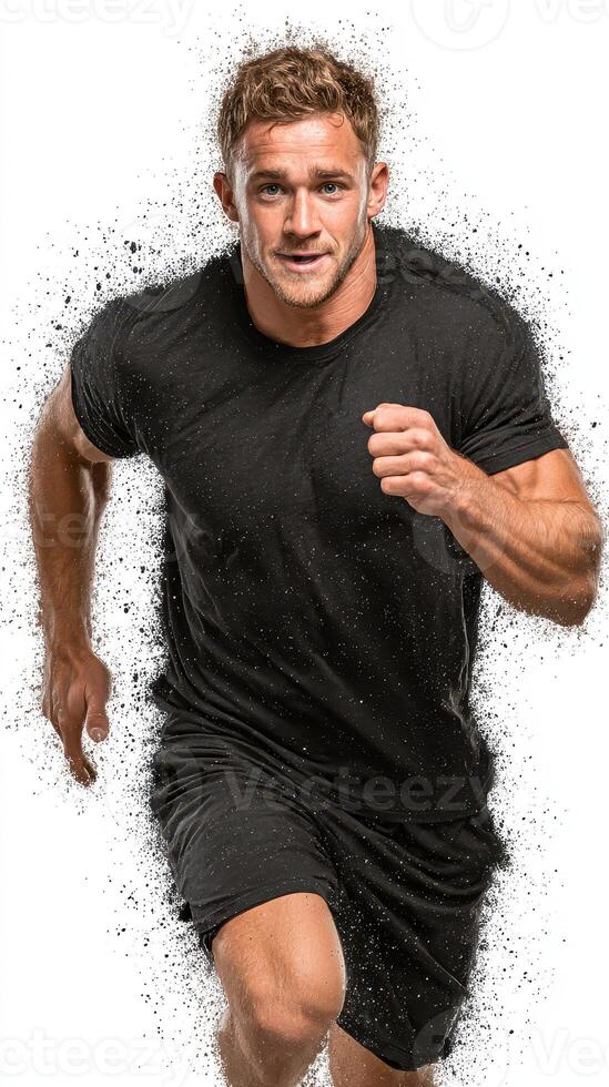 Athlete sprinting at full speed on a clean background with a dynamic pose showcasing determination and strength photo