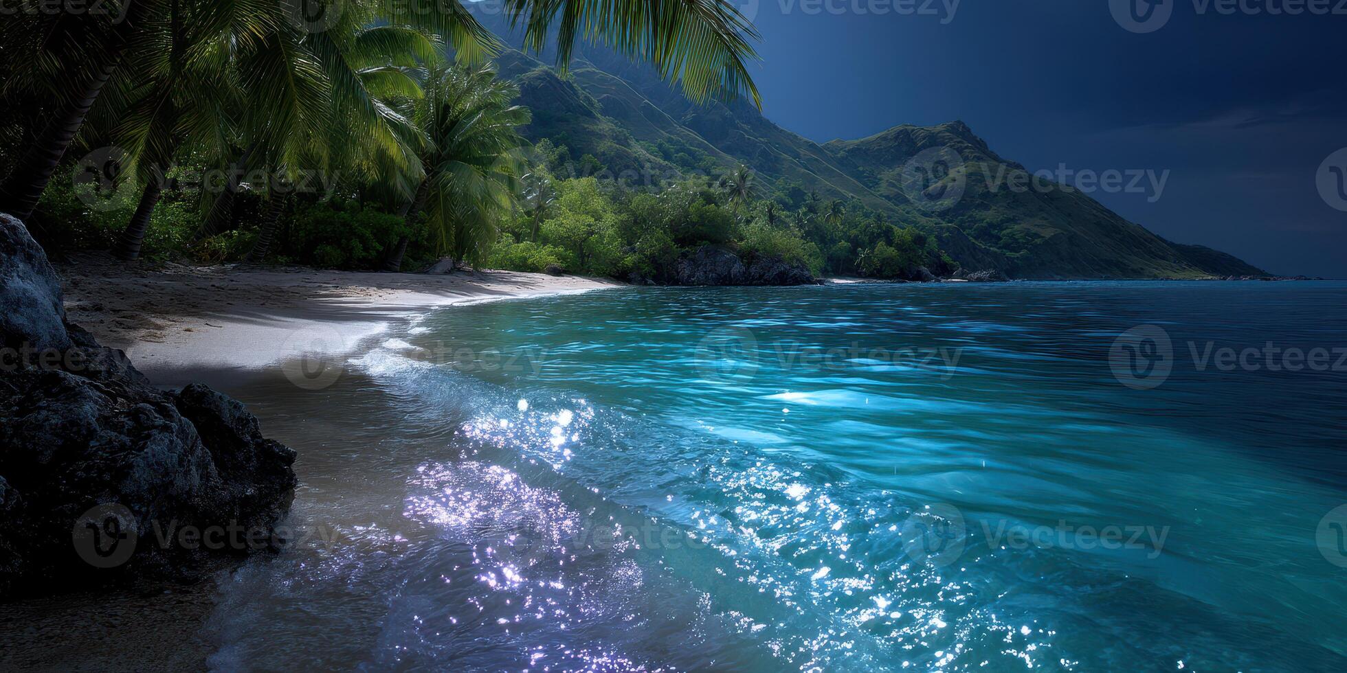 Beautiful evening ocean view with glowing water and palm trees under a starry sky near a tropical landscape photo