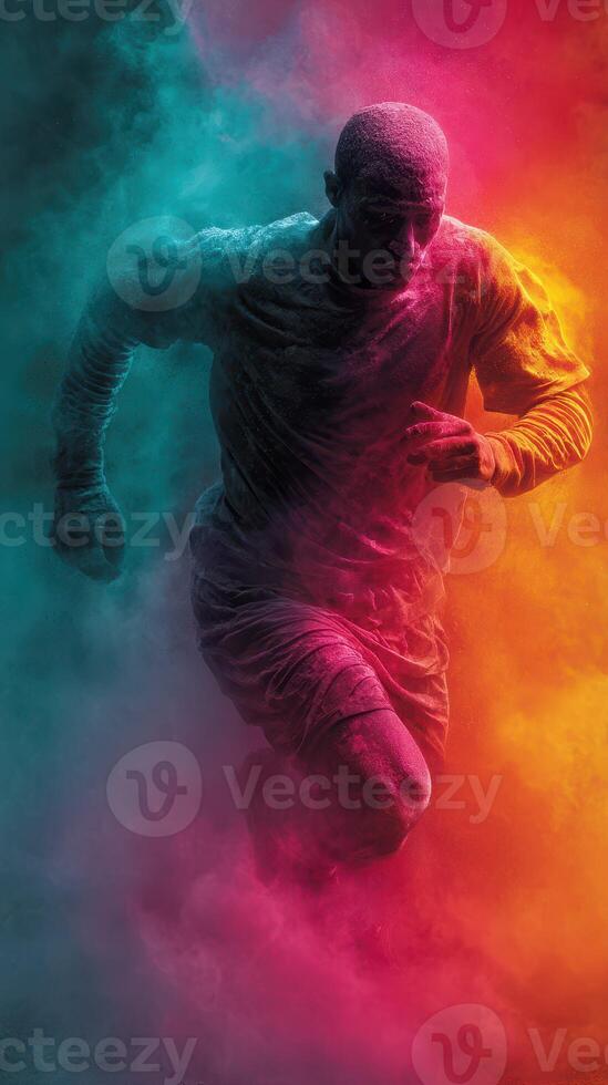 Vibrant athlete sprinting through colorful smoke during an intense workout session in a dynamic outdoor setting photo