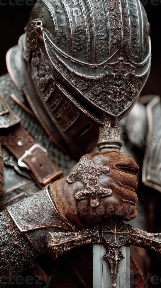 Intricate medieval armor with a knight holding a sword in a moment of reflection photo