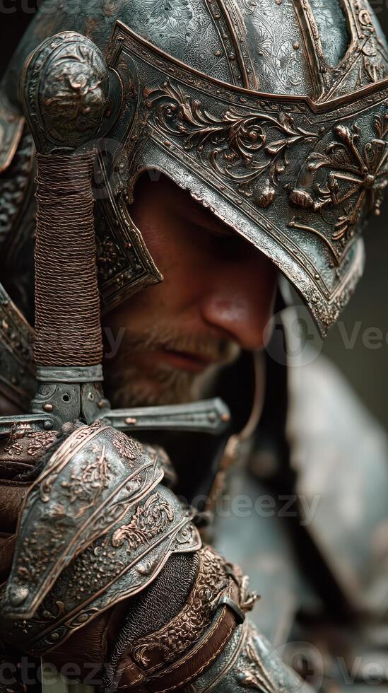 Detailed close-up of a heavily armored knight preparing for battle in a medieval setting during the early morning light photo