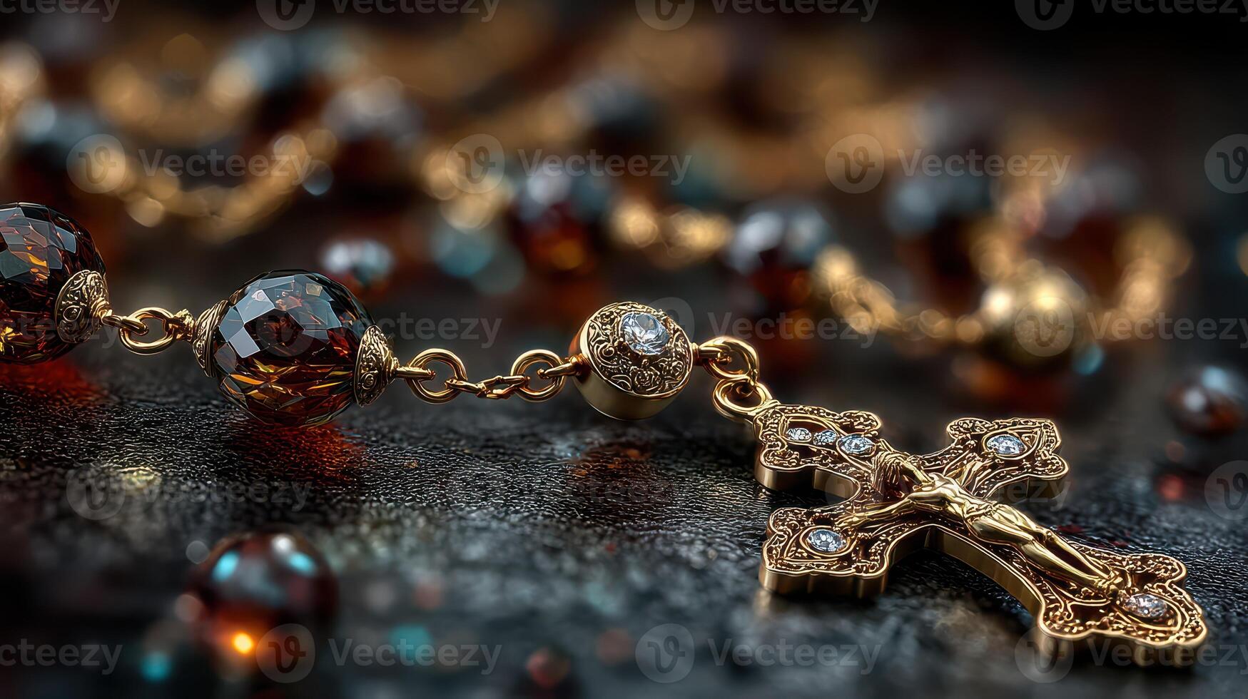 Intricate golden rosary with gemstones on a dark textured surface illuminated by soft light photo