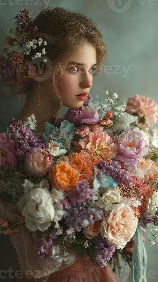 Young woman with a large bouquet of colorful flowers posed against a soft background in a serene setting photo