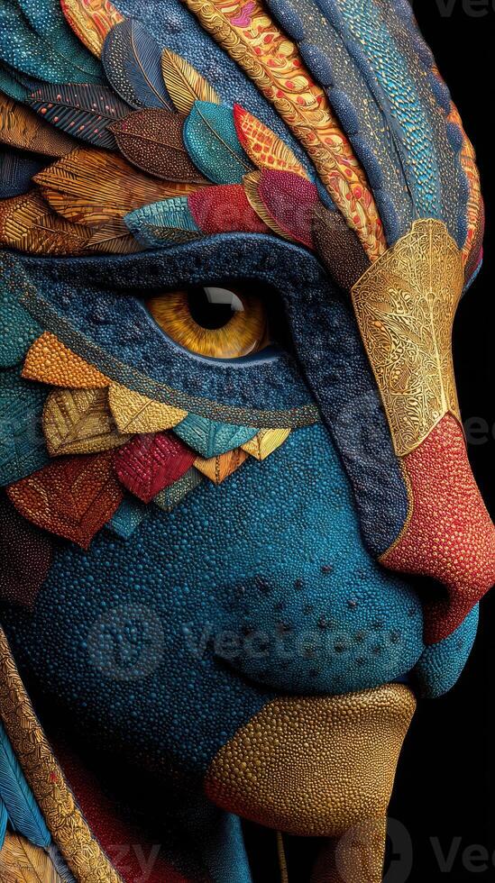 Intricate face art blending animal features and vibrant colors showcases creativity and cultural inspiration in a stunning close-up view photo
