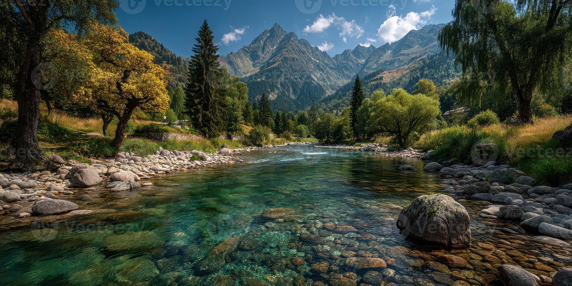 Scenic mountain landscape with a clear river flowing through a lush green valley in the afternoon sun photo