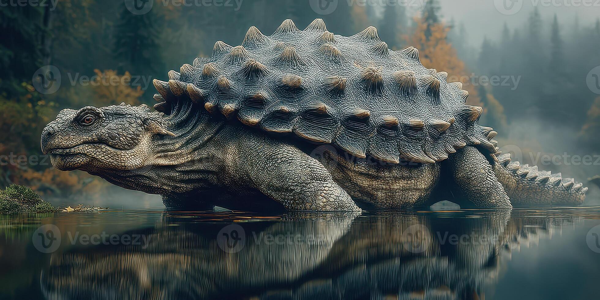 Massive turtle resting in a serene pond surrounded by misty autumn forest during early morning hours photo