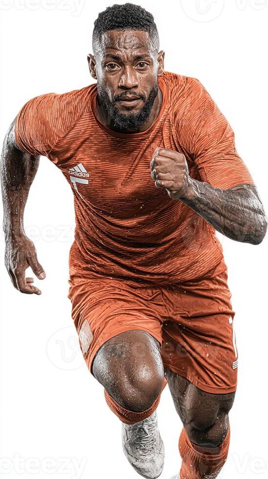 Player in action during a soccer match wearing orange uniform on a pristine field in bright sunlight photo