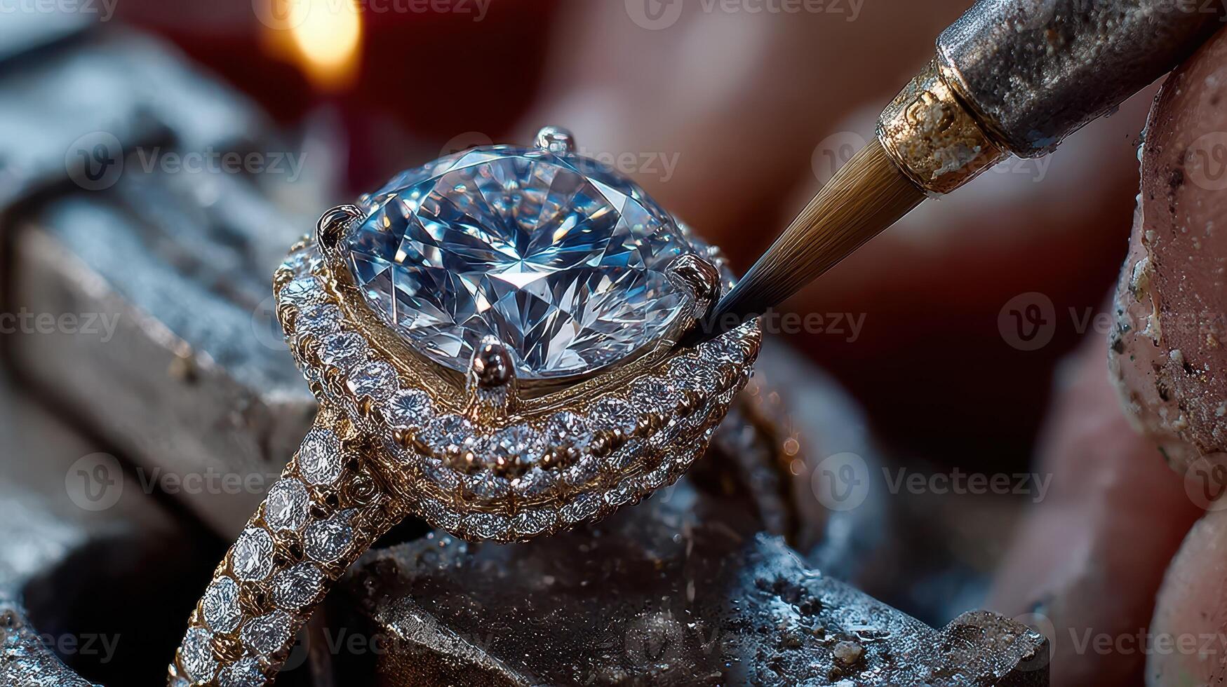 Craftsman working on a diamond ring in a jewelry workshop with intricate detailing showcasing skill and artistry photo
