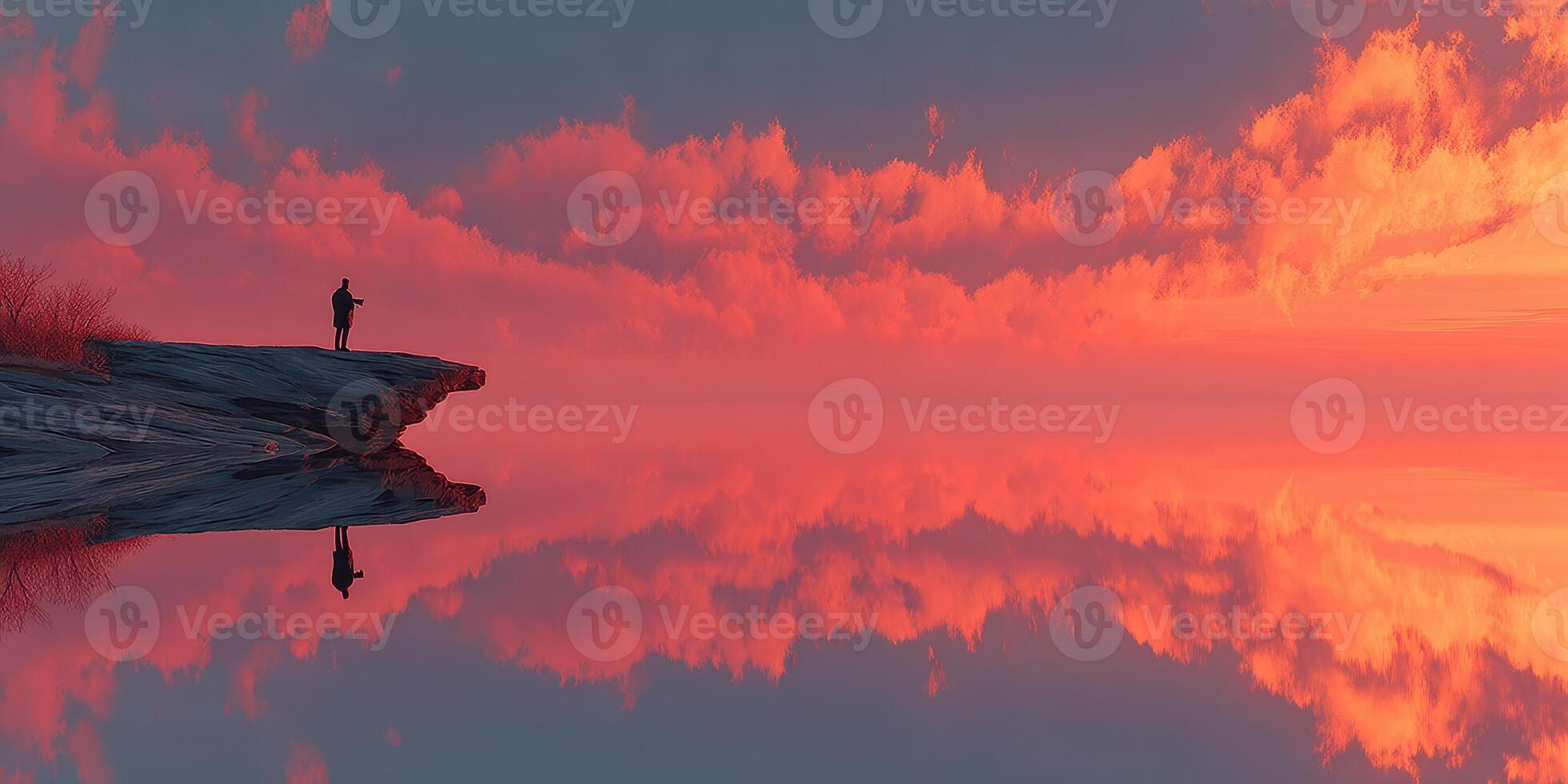 Sunset over calm waters with a lone figure standing on rocky shore reflecting vibrant colors photo