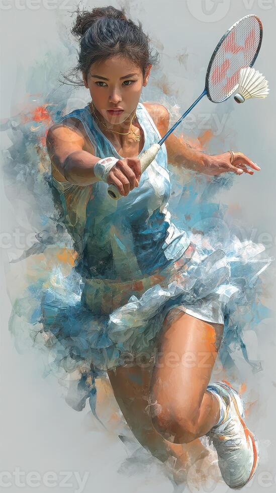 Female badminton player in action during a competitive match on an indoor court photo