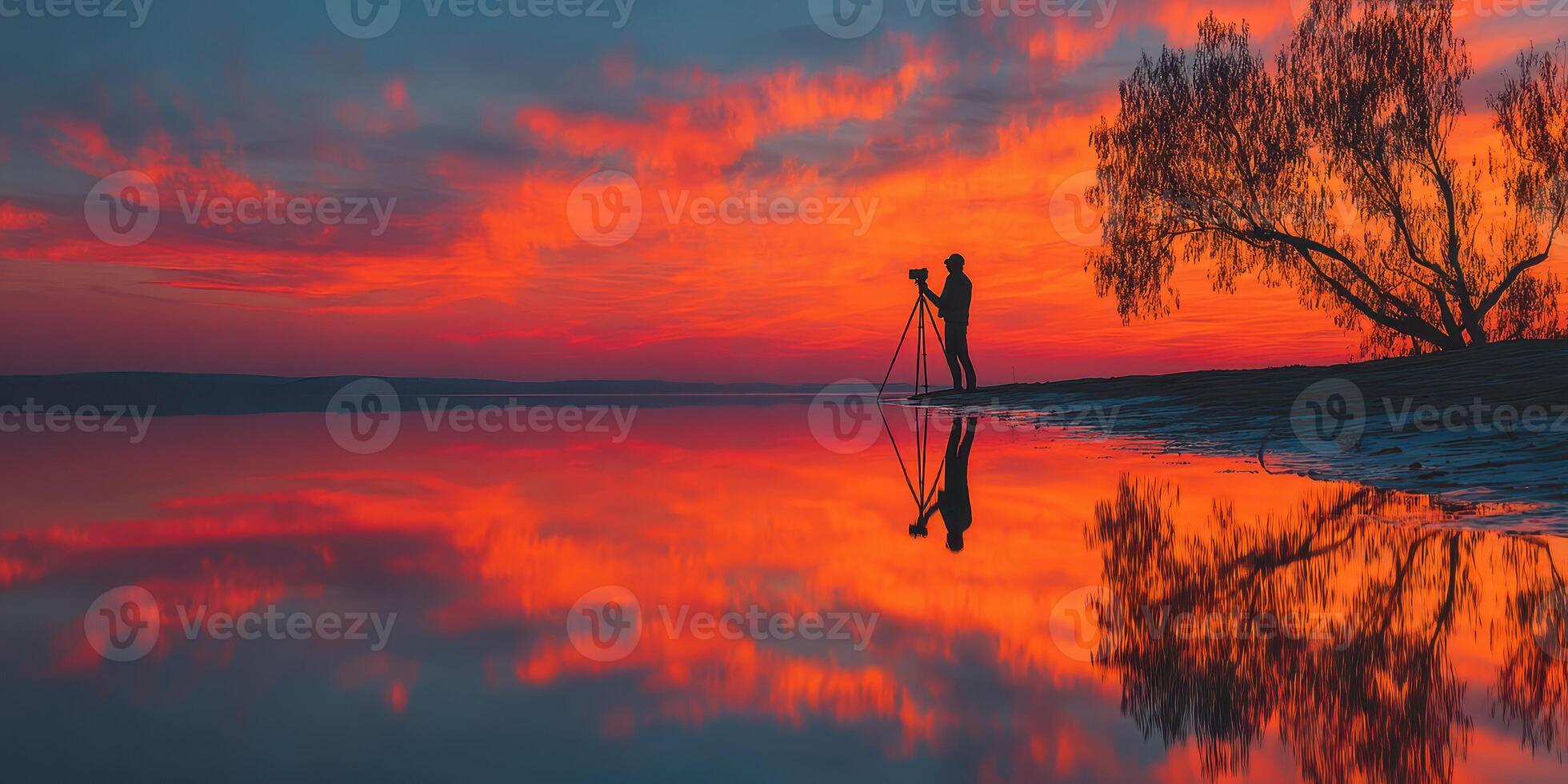 Photographers capturing vibrant sunset reflections at a tranquil lakeshore photo