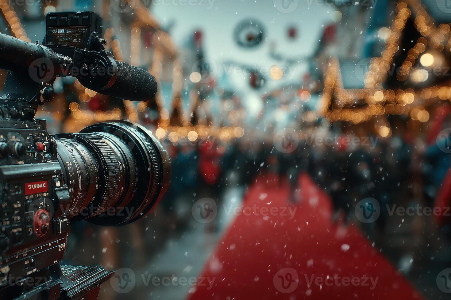 Festive event capturing on a red carpet with decorations and snowflakes in a bustling atmosphere at a winter celebration photo