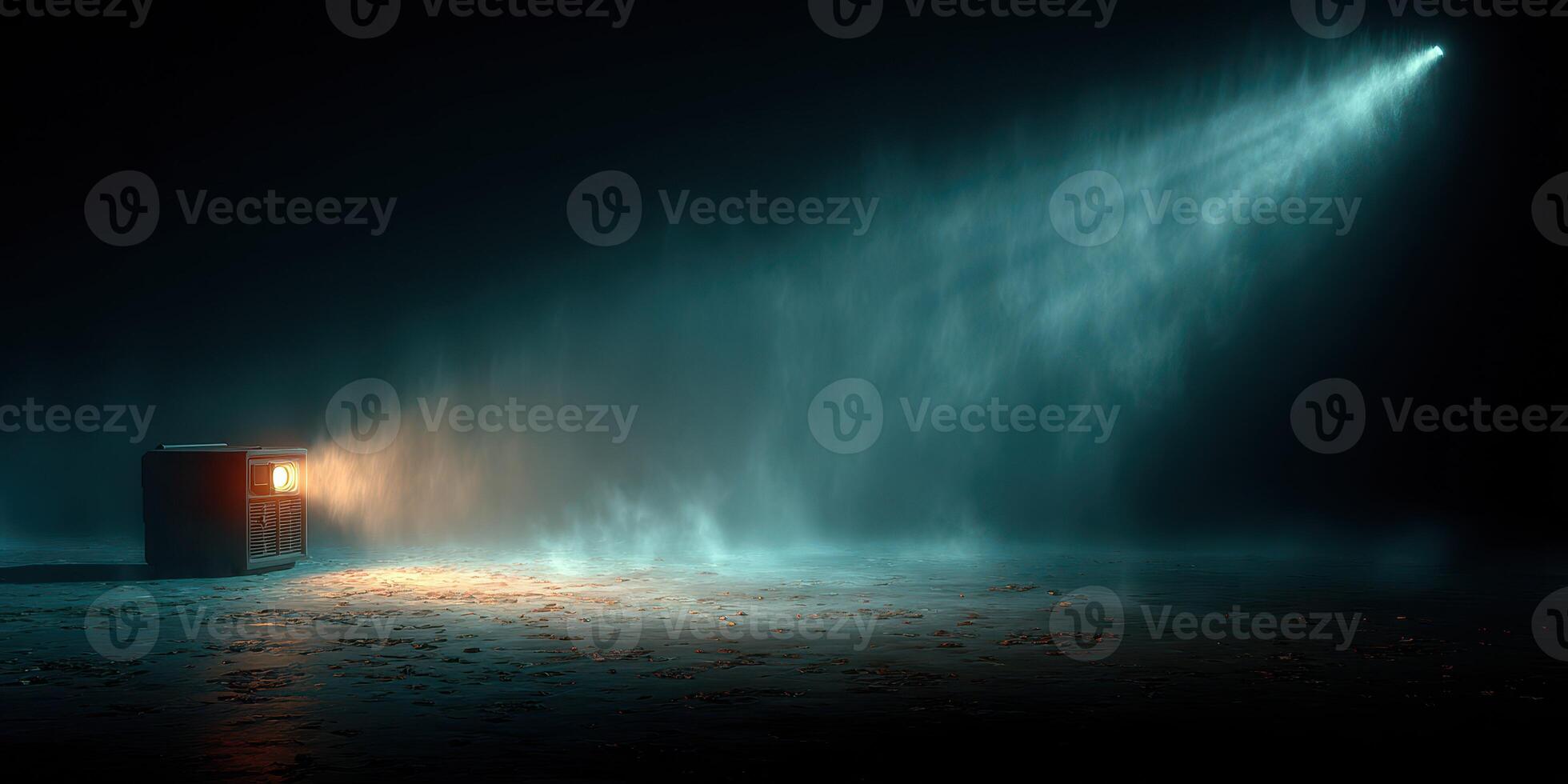 Mysterious light emanates from an old projector in a dimly lit room, creating an enchanting atmosphere photo
