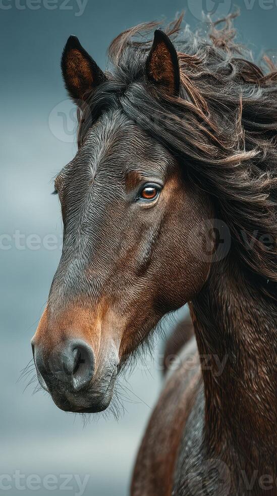 Majestic horse with flowing mane stands proudly against a dramatic backdrop during golden hour photo