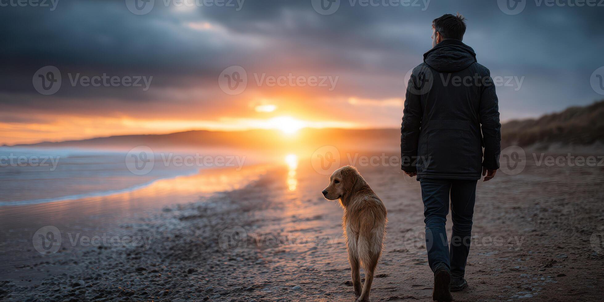 Man and dog enjoy sunset stroll on the beach during a calm evening photo