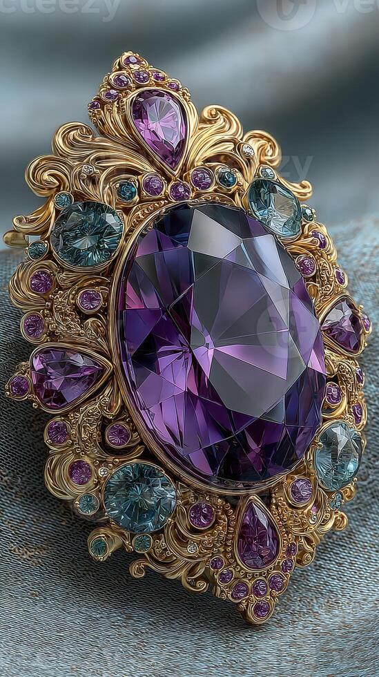 Elegant vintage brooch featuring a large purple gemstone surrounded by smaller blue and purple gems set in ornate gold photo