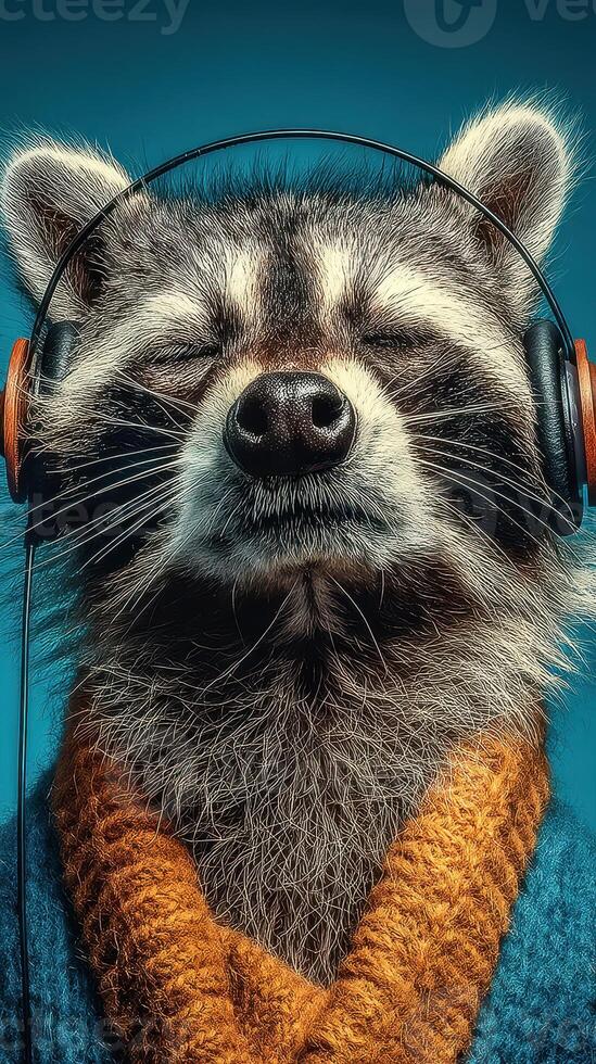 Raccoon enjoying music while wearing headphones and a cozy sweater indoors photo