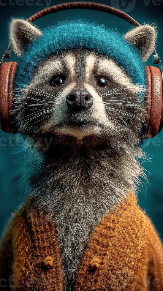 Raccoon wearing headphones and cozy sweater striking a confident pose in a whimsical setting photo