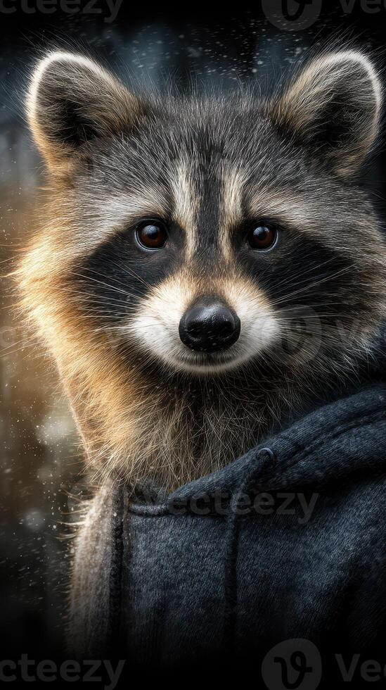 Raccoon wearing hoodie enjoys an urban environment at dusk with shimmering lights in the background photo