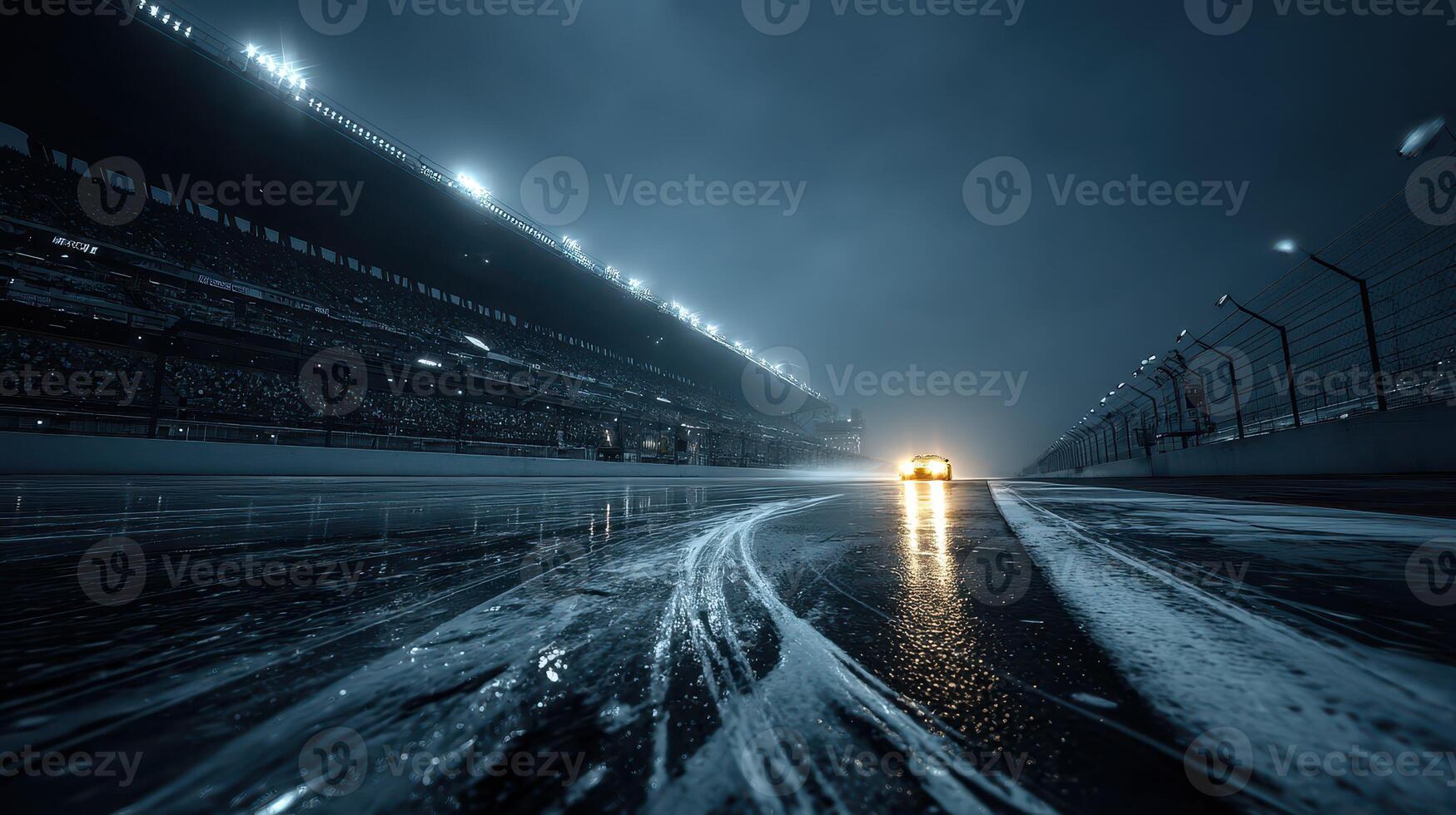 Nighttime race car on wet track illuminated by floodlights during a rainstorm at a speedway event photo
