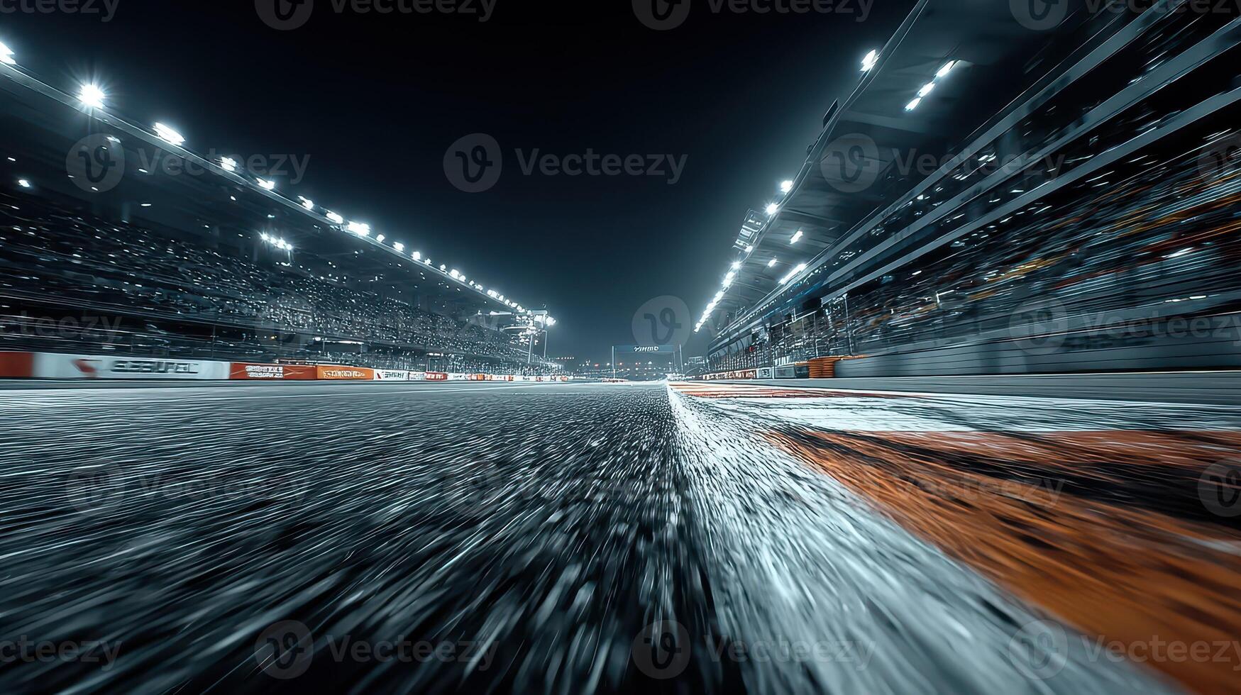 Race track at night with bright lights and a large crowd enjoying the excitement of motorsport events photo