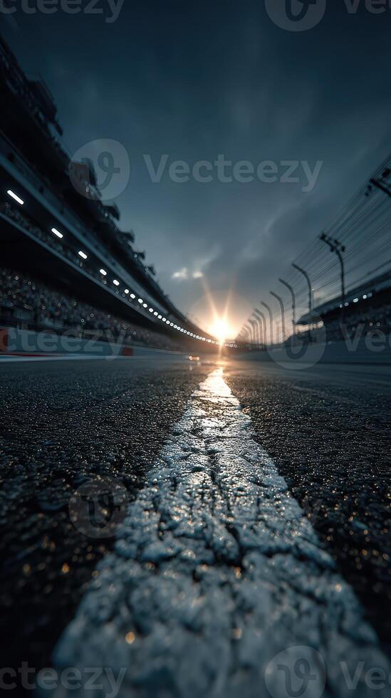 Sunset at the racetrack with empty grandstands and dramatic lighting illuminating the asphalt surface photo