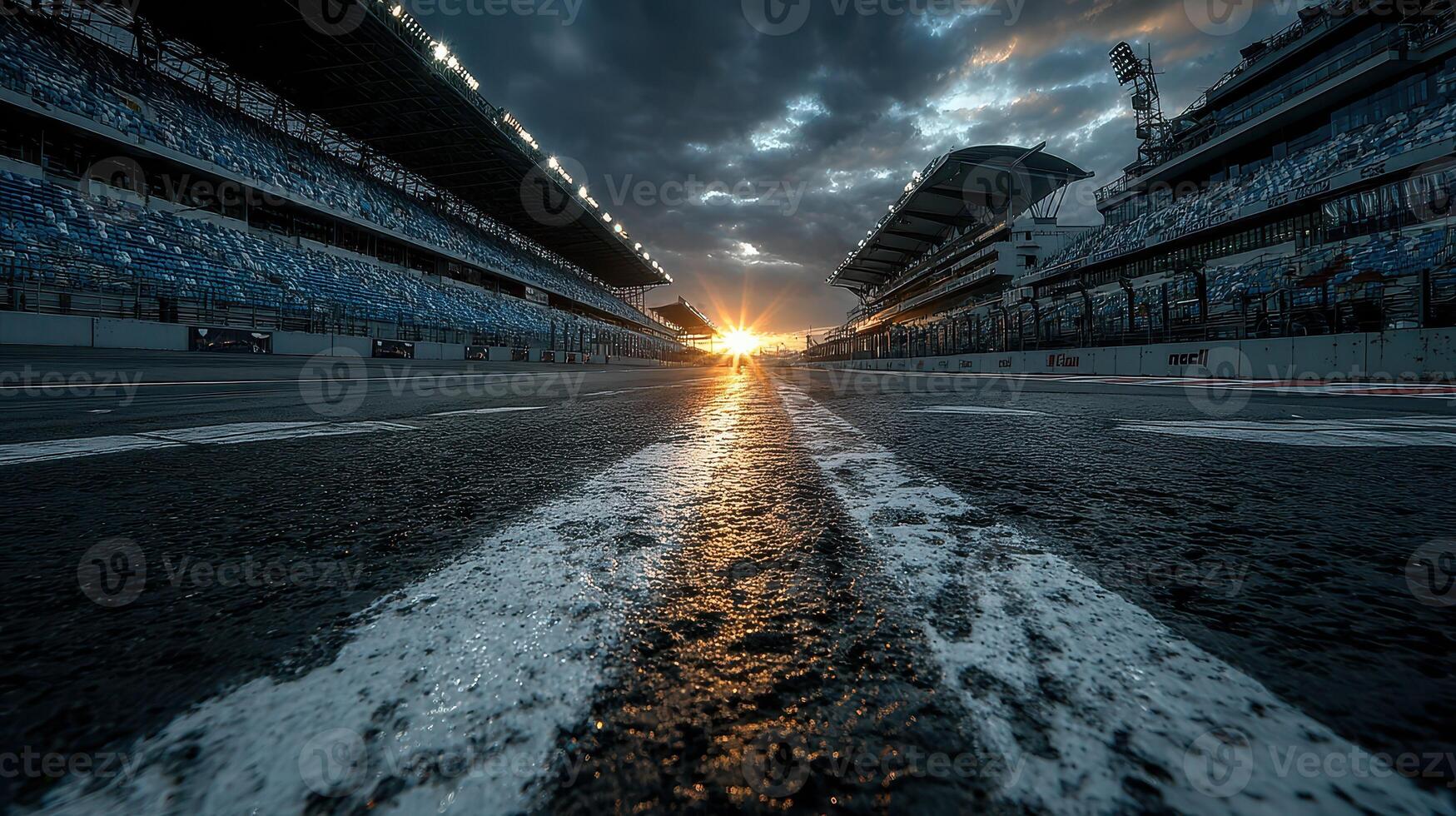 Sunset view over racetrack with empty stands and dramatic clouds at evening photo