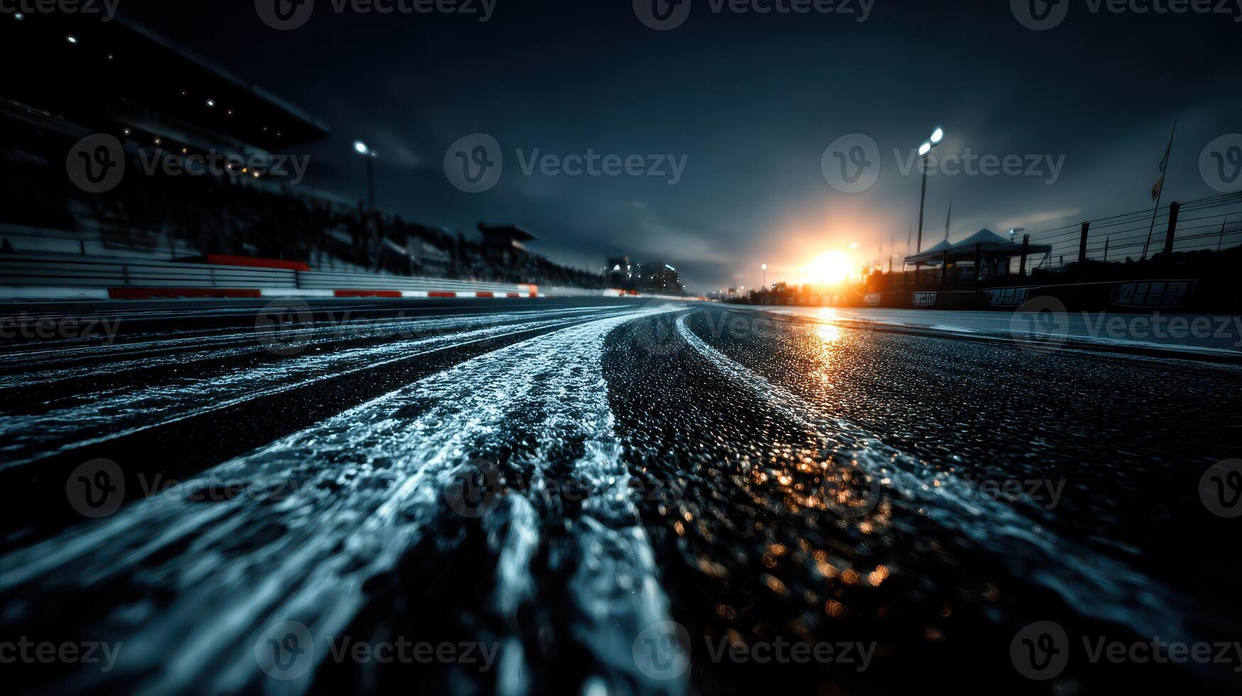 Racing track at dusk with wet asphalt and glowing lights creating an atmospheric view photo