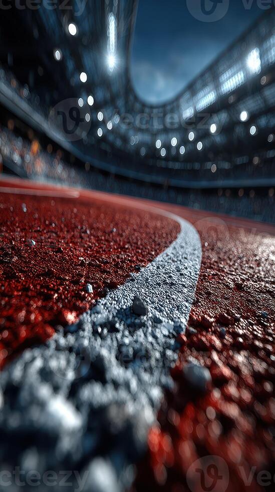 Vibrant track focused on the curve in a modern stadium illuminated under night sky photo
