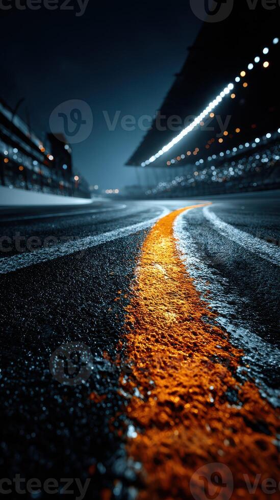 Racing track illuminated at night with vivid paint markings and empty grandstands photo