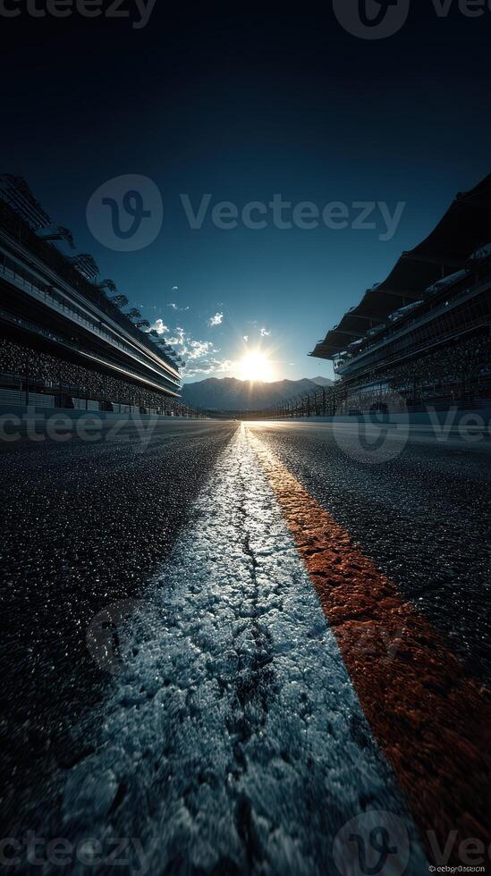 Sunrise over empty racetrack in the early morning with dramatic sky and mountain backdrop photo