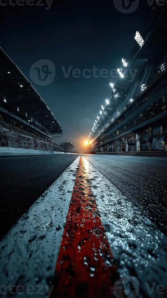 Racetrack at dusk showing wet pavement and illuminated grandstands during an exciting motorsport event photo