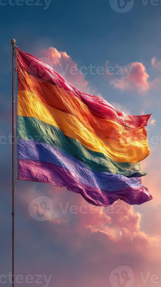 Rainbow flag waving proudly against a colorful sky during sunset celebration of diversity and acceptance photo