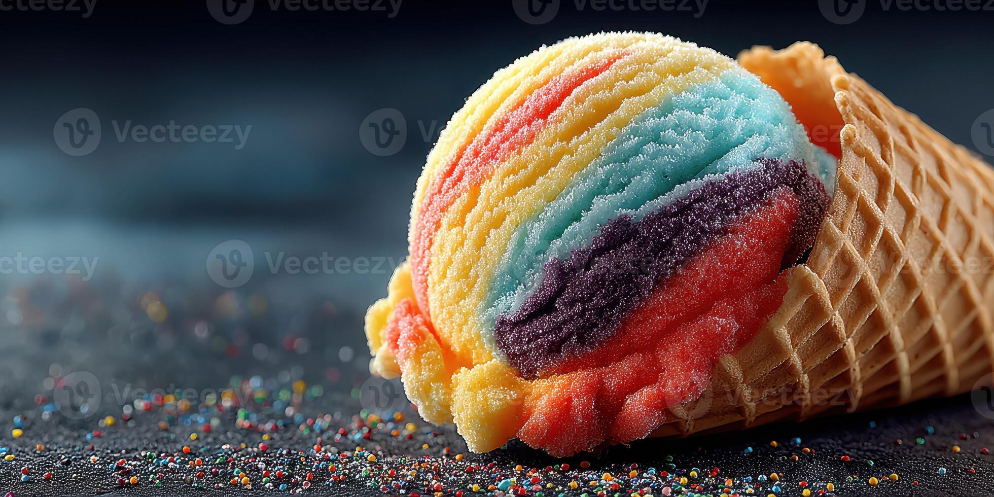 Brightly colored ice cream scoop nestled in a waffle cone on a dark textured surface with scattered sprinkles photo