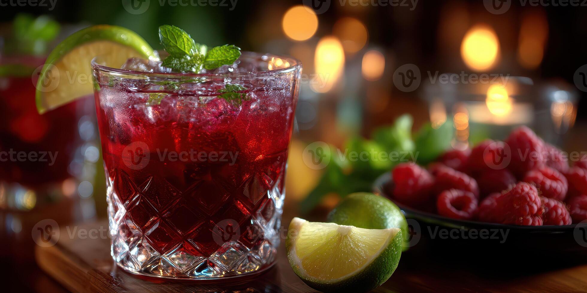 Refreshing cocktail with raspberries and lime served on a bar during a lively evening gathering photo