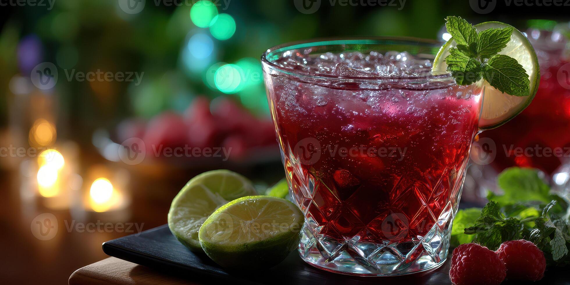 Refreshing raspberry cocktail garnished with mint and lime at a vibrant outdoor gathering in the evening photo