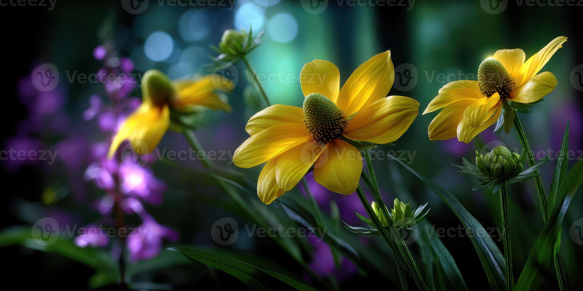 Bright yellow flowers bloom in a lush garden during spring, surrounded by vibrant purple flora and soft background bokeh effects photo